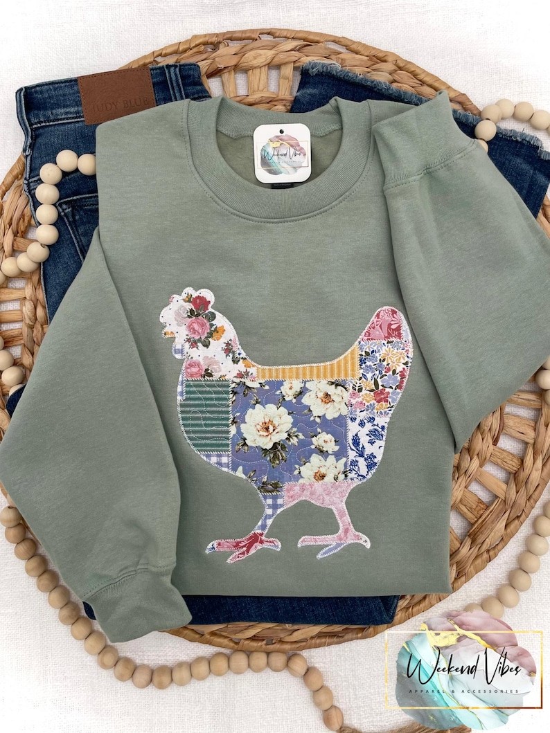 Embroidered Cottagecore Patchwork Chicken Sweatshirt, Quilted Chicken, Applique Chicken Sweatshirt, Patchwork Hen Shirt, Chicken Lover Gift image 4