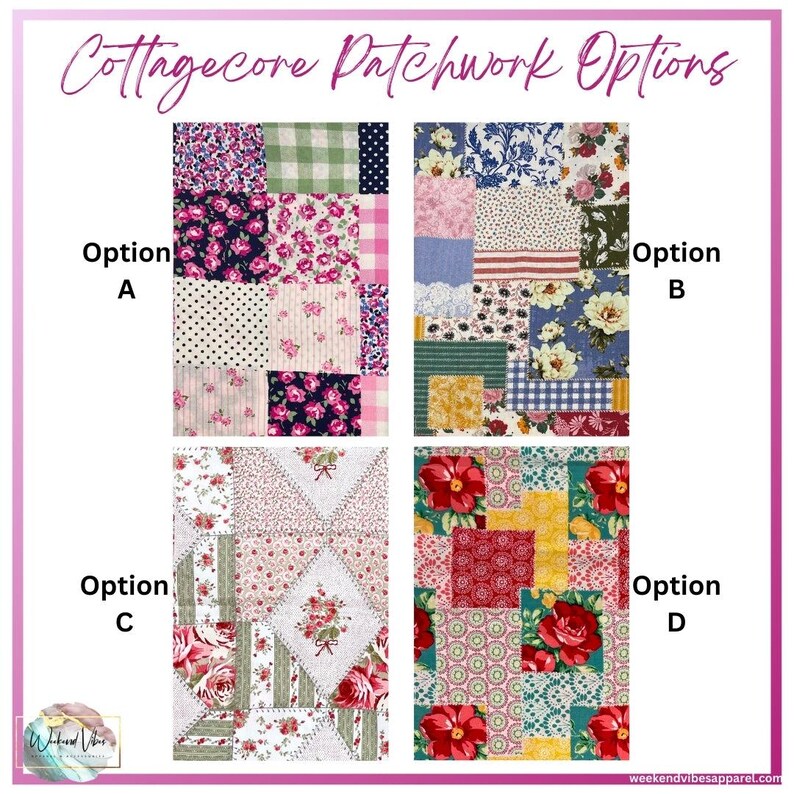 Four patchwork fabric options for a cottagecore style project. Option A is a patchwork of pink, blue, green, and white floral patterns. Option B: patchwork of pink, blue, green, and white floral patterns. Option C: patchwork of pink, green, and white floral patterns. Option D: patchwork red, yellow, green, and white floral patterns. The text on the image reads 'Cottagecore Patchwork Options', 'Option A', 'Option B', 'Option C', 'Option D', 'Weekend Vibes' & weekendvibesapparel.com