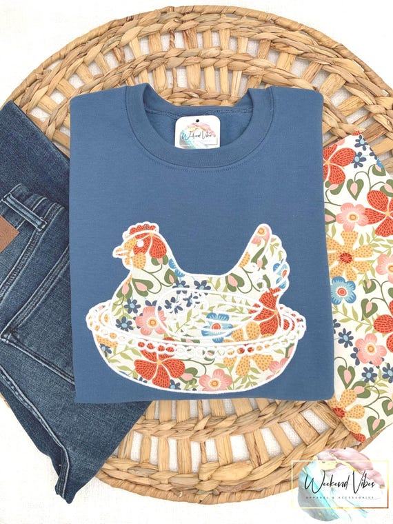 Embroidered Hen on Nest Sweatshirt, Vintage Inspired Farmhouse Chicken Applique, Custom Cottagecore Sweatshirt, Nesting Hen Embroidery