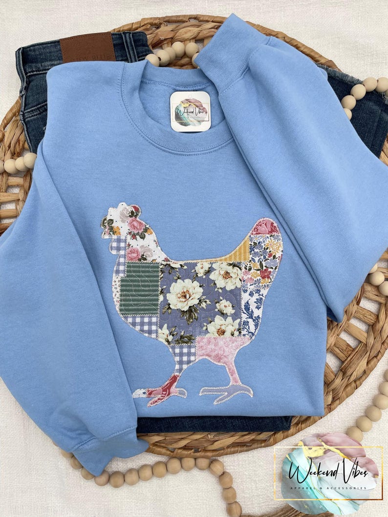 Embroidered Cottagecore Patchwork Chicken Sweatshirt, Quilted Chicken, Applique Chicken Sweatshirt, Patchwork Hen Shirt, Chicken Lover Gift image 2