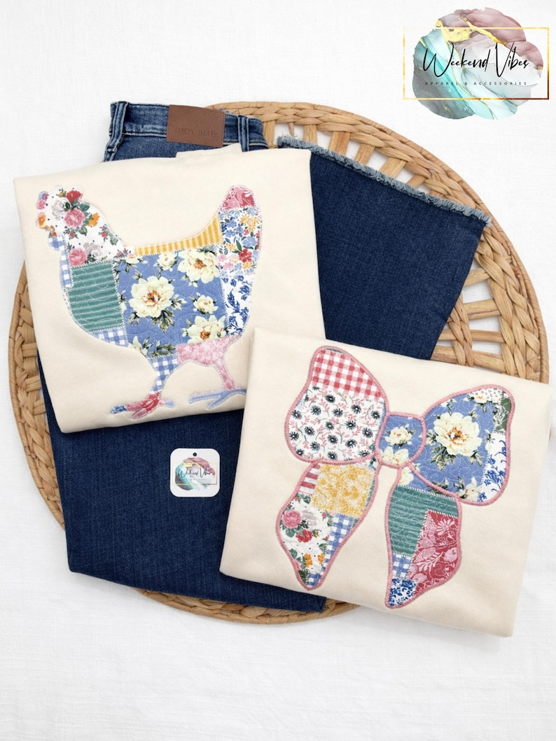 Patchwork chicken sweatshirt on cream with cottagecore bow sweatshirt over dark denim jeans.