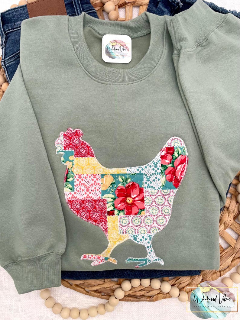 Embroidered Cottagecore Patchwork Chicken Sweatshirt, Quilted Chicken, Applique Chicken Sweatshirt, Patchwork Hen Shirt, Chicken Lover Gift image 5