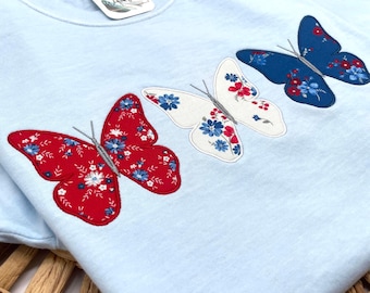 Embroidered Butterfly Trio T-shirt, Patriotic Red White and Blue Shirt, 4th of July Butterfly t-shirt, Cute Americana Tee, Independence Day
