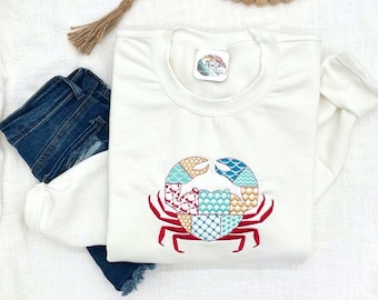 Embroidered Crab Sweatshirt, Crab Patchwork Style Embroidered Sweatshirt, Summer Nautical Crewneck, Coastal Beach Aesthetic