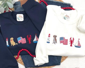 Embroidered Nautical Summer Sweatshirt, Custom Dog Icons, Sailing Hoodie, Coastal Vibes Lobster Crewneck, Beach Aesthetic, USA Sweatshirt