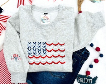 Embroidered USA Flag Sweatshirt: Scallop Bow Americana Patriotic Top