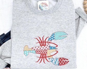 Patchwork Lobster Embroidered Sweatshirt, Coastal Sea Life Design, Summer Beach Apparel, East Coast Aesthetic, New England Sweatshirt Gift