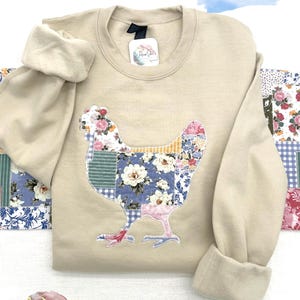 Embroidered Cottagecore Patchwork Chicken Sweatshirt, Quilted Chicken, Applique Chicken Sweatshirt, Patchwork Hen Shirt, Chicken Lover Gift