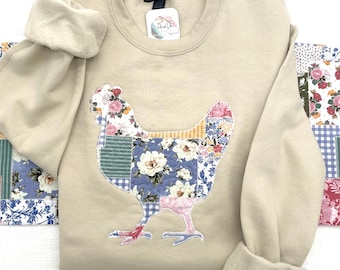 Embroidered Cottagecore Patchwork Chicken Sweatshirt, Quilted Chicken, Applique Chicken Sweatshirt, Patchwork Hen Shirt, Chicken Lover Gift