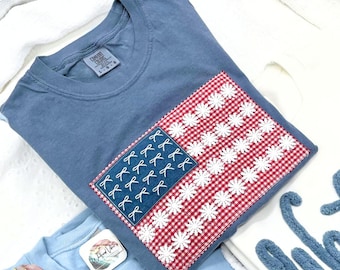 American Flag Embroidered Tee Shirt, USA Patriotic T-shirt, USA Flag Applique Tee, Cute Flag Bows & Lace Shirt, 4th of July Comfort Colors®