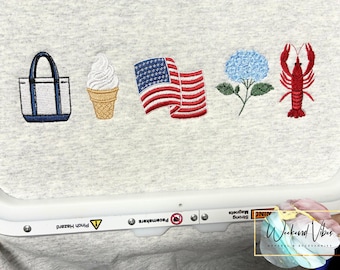 Embroidered Americana Summer Icons Sweatshirt, 25 Custom Summer Icons, Beach Hoodie, Coastal Summer Vibes, Beach Aesthetic, USA Sweatshirt