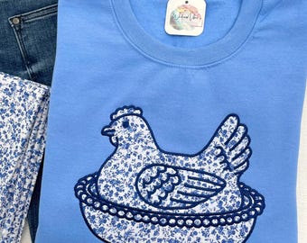 Embroidered Hen on Nest Sweatshirt, Vintage Inspired Farmhouse Chicken Applique, Custom Cottagecore Sweatshirt, Nesting Hen Embroidery