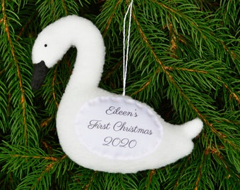 Swan Personalized Christmas Ornament,Baby's First Christmas, Custom Ornament, Family Ornament - White Swan