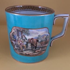 Antique Prattware Mug, The Travelers Departure Gilded Cup, Lead Glazed Earthenware by F. & R. Pratt and Co.