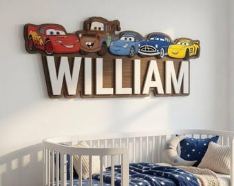 Custom Lightning McQueen 3D Wooden Name Sign, Personalized Cars Pixar Nursery Wall Decor, Kids Room Name Plaque