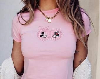 Embroidered Disney Mickey Minnie Baby Tee, Cute Disney Couple Shirt, Best Friend BFF Tee for WDW Disneyland Sweethearts Nite