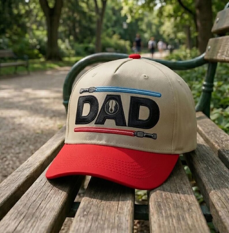 May include: A tan baseball cap with a red brim and top button. The word "DAD" is embroidered in black, with blue and red lightsaber designs above and below the letters. The cap is resting on a wooden bench in a park.