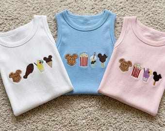 Kies je eigen Disney-snacks geborduurde geribbelde tanktop, Disneyland Disney World-tanktop, gepersonaliseerd snackshirt