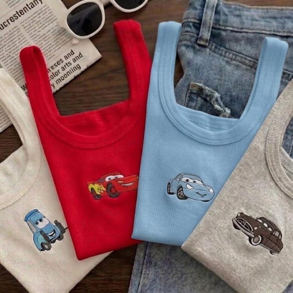 Custom Embroidered Disney Cars Tank Top, Lightning McQueen Mater Sally Shirt, Cute Pixar Disney Outfit Top