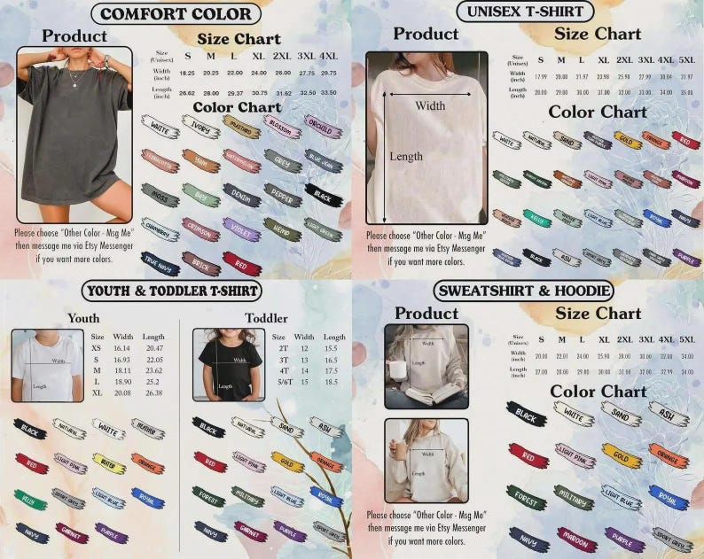 May include: Image showing size and colour charts for Comfort Color, Unisex, Youth & Toddler T-shirts, and Sweatshirts & Hoodies. Measurements are in inches, with a wide range of colour options available.