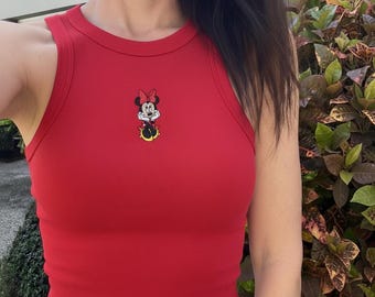 Geborduurde Mickey Minnie Mouse crop tanktop, bruin baby-T-shirt Simple Mouse, Disneyworld Y2K, WDW Trip