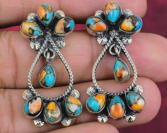 Pendientes colgantes de plata de ley con turquesa y ostra espinosa – Joyería llamativa de estilo bohemio del suroeste