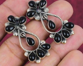 Pendientes colgantes de ónix negro – Pendientes de araña de plata de ley, joyería gótica bohemia, pendientes colgantes llamativos