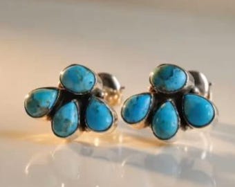 Pendientes de turquesa auténtica - Pendientes de plata de ley 925 - Pendientes de medio racimo - Pendientes de turquesa con forma de pera y ovalada - Pendientes de turquesa con personalidad
