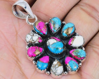 Cotton Candy Turquoise Pendant – Sterling Silver Southwestern Necklace, Pink Blue White Turquoise Cluster Pendant, Boho Statement Jewelry