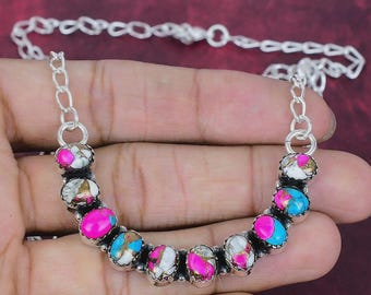 Collar de turquesa algodón de azúcar – Collar de barra de plata de ley, joyería de turquesa rosa, azul y blanca, collar bohemio del suroeste