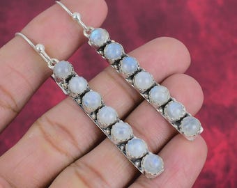 Pendientes de barra de piedra lunar – Pendientes colgantes de plata de ley, pendientes lineales de piedra lunar arcoíris, joyería minimalista bohemia, regalo para ella.