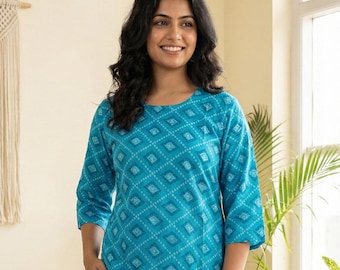 Conjunto de pantalón kurti de rayón con estampado azul, conjunto indio a juego