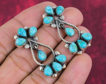 Pendientes colgantes de turquesa – Pendientes colgantes de plata de ley, joyería bohemia del suroeste, pendientes llamativos de turquesa