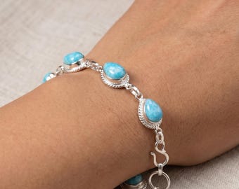 Pulsera de larimar de plata de ley – Pulsera de eslabones de larimar en forma de lágrima, pulsera de piedra preciosa azul, regalo minimalista de joyería playera para ella.