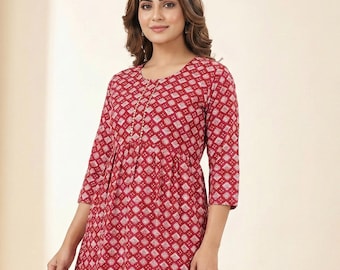 Kurti corto de rayón rojo, túnica bohemia india, top peplum con estampado geométrico, kurti plisado étnico, ropa para festivales, moda modesta