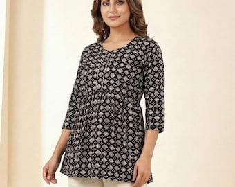 Kurti corto de rayón negro para mujer: top kurti informal estampado, túnica étnica india