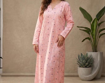 Cotton Kaftan Dress Women – Pink Maxi Kaftan, Loose Lounge Dress, Modest Nightwear, Boho Summer Dress