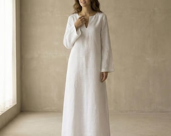 Vestido caftán de algodón blanco / Maxi caftán para mujer / Vestido playero bohemio / Vestido largo minimalista de algodón / Ropa de resort con cuello en V / Túnica modesta