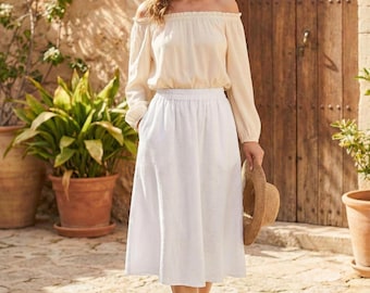 Falda midi de rayón de algodón blanco para mujer / Falda de verano con cintura elástica / Falda minimalista de corte A / Falda informal ligera