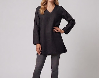 Blusa tipo túnica de algodón para mujer, blusa de manga larga de corte holgado, camisa minimalista con cuello en V, top informal extragrande, ropa para armario cápsula.
