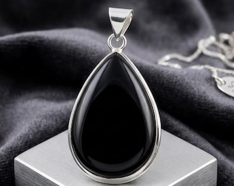 Collar con colgante de ónix negro – Colgante en forma de lágrima de plata de ley, joyería minimalista con piedras preciosas, regalo de piedra protectora