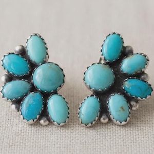Pendientes de turquesa auténtica - Pendientes de plata de ley 925 - Pendientes de media hilera - Pendientes de turquesa redondos y ovalados - Pendientes llamativos de turquesa