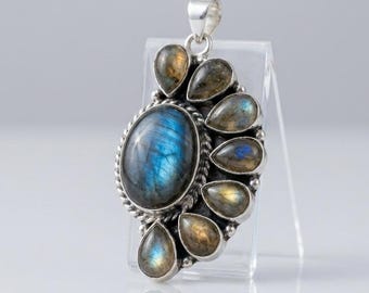 Labradorite Pendant Necklace – Sterling Silver Gemstone Pendant, Flash Labradorite Jewelry, Boho Statement Necklace