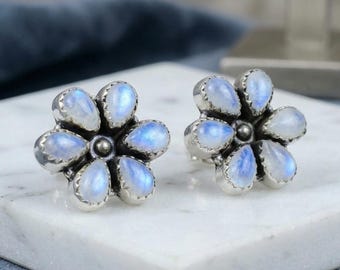 Pendientes de piedra lunar – Pendientes de flor de plata de ley, pendientes de piedra lunar arcoíris, joyería bohemia delicada, regalo de piedra natal de junio