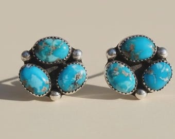 Pendientes de turquesa auténtica - Pendientes de plata de ley 925 - Pendientes de medio racimo - Pendientes de turquesa ovalados - Pendientes de turquesa con personalidad