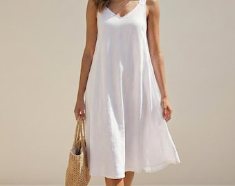 Vestido blanco de algodón con cuello en V: sin mangas, midi, talla grande