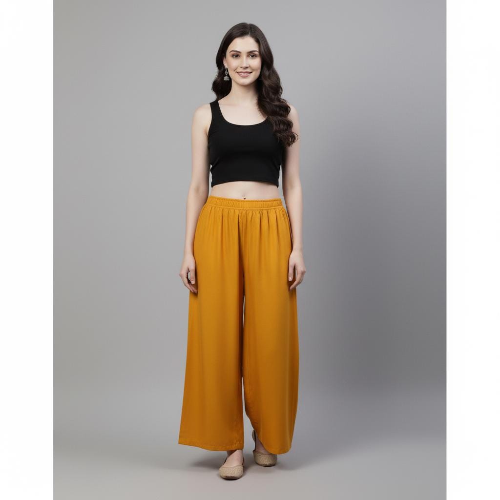 Mustard Yellow Rayon Palazzo Pants Boho Wide Leg Trousers