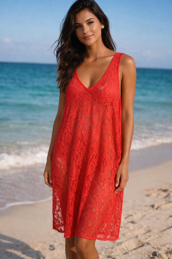 Red Lace Beach Cover Up Dress, Sheer Summer Swimsuit Coverup, Sleeveless V Neck Boho Vacation Dress, Resort Wear Women