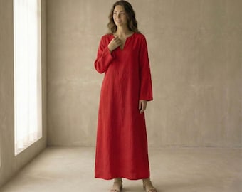 Vestido largo de algodón rojo, caftán de algodón de manga larga