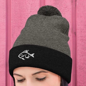 Embroidered Fish Beanie: Pom Pom Knit Hat for Fishing Lovers